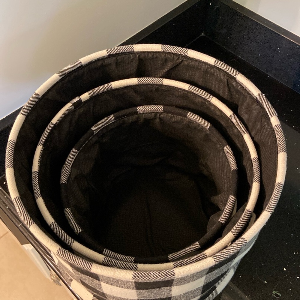 SET/3 Black & White Buffalo Check Soft Sided Nesting Baskets Storage w/ Handles - Picture 2 of 15